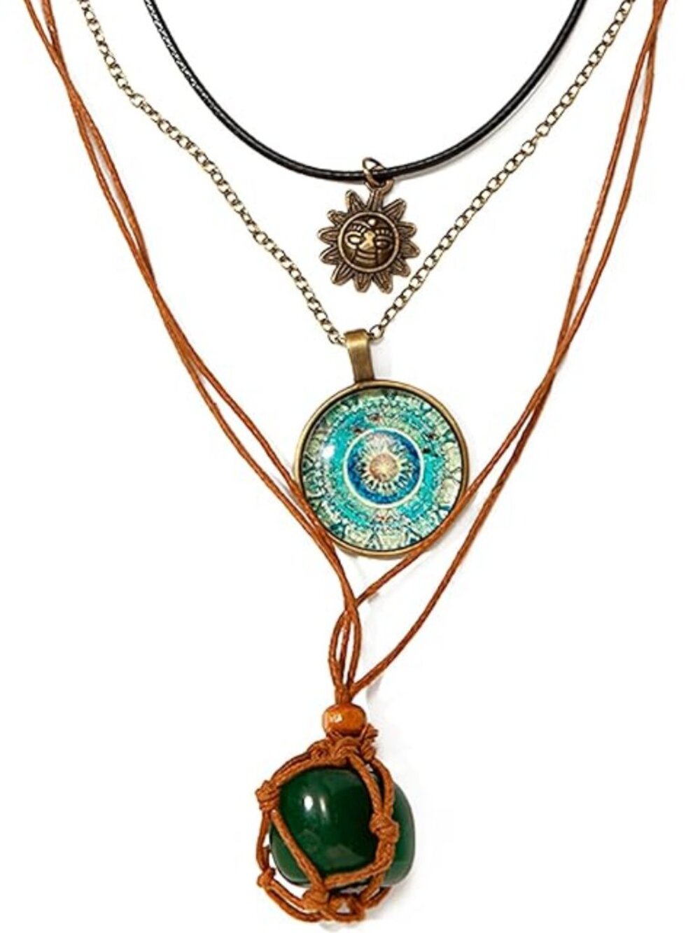 Bohemian Multi-Layer Necklace | Green Crystal Sun & Floral Pendant